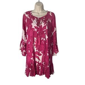 Lani Lau Honolulu Hawaii Moana Bell Sleeve Pink Tropical Dress Size M/L